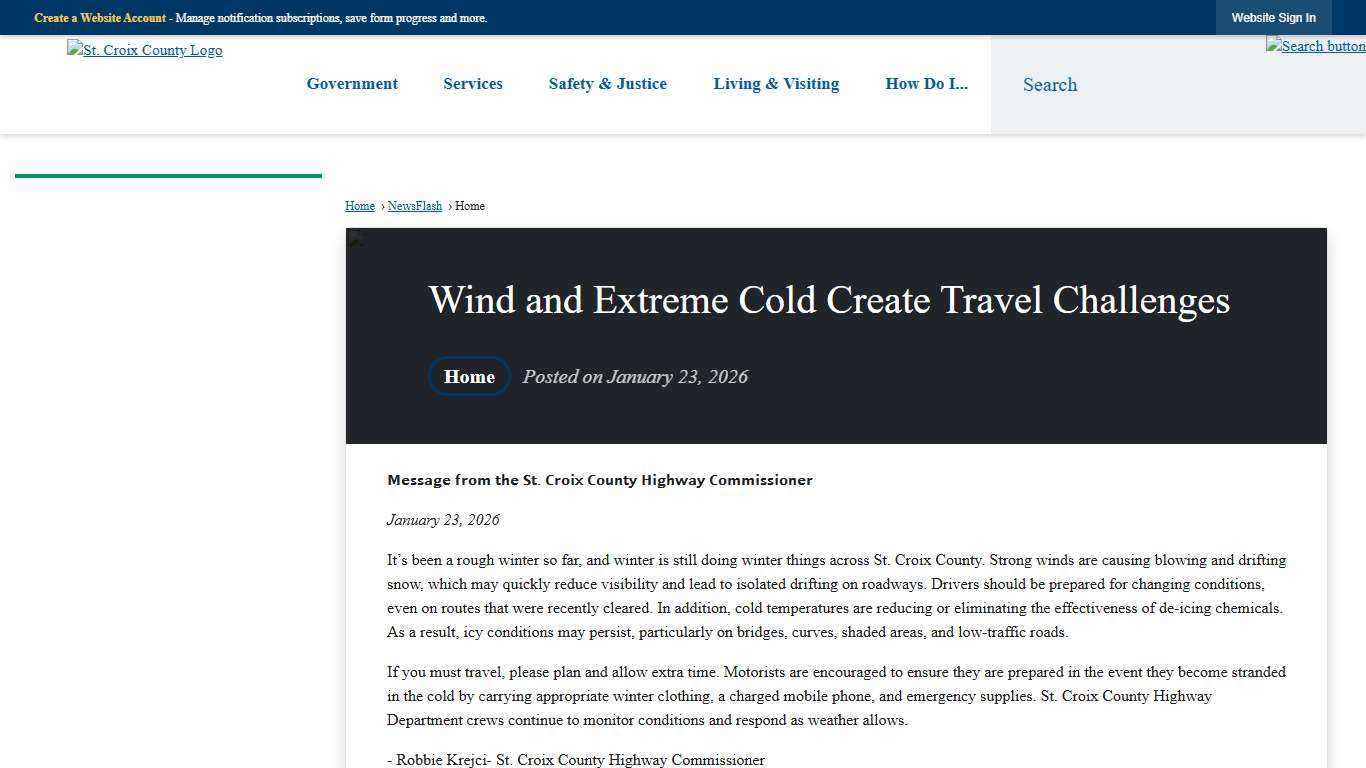 Wind and Extreme Cold Create Travel Challenges • St. Croix County, WI